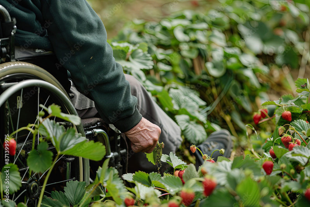 Disabled elderly person in a wheelchair picking strawberries in a field Disabled elderly person in a wheelchair picking strawberries in a field