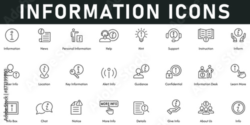 Information Icons vector illustration with thin line editable stroke contains news, help, personal information, hint, instruction, info, about us, details, more info, chat, guidance, learn more, info