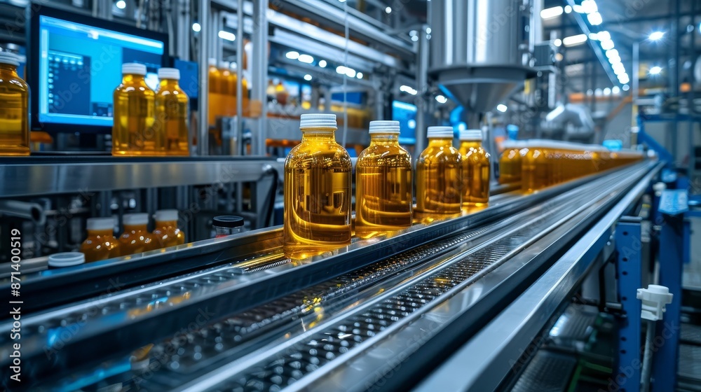 Factory floor with transparent jars being filled, volume indicators displayed on large screens, automated quality control checks Factory floor with transparent jars being filled, volume indicators displayed on large screens, automated quality control checks