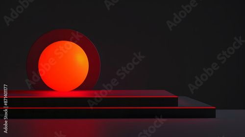 3D rendering of a black background with red light, an orange ball, and a dark stage for product presentation with an abstract wall design. The abstract scene with a modern design