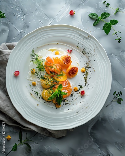 Fototapeta Naklejka Na Ścianę i Meble -  Elegant gourmet dish beautifully plated with fresh herbs and vibrant garnishes on a white ceramic plate atop a textured surface.