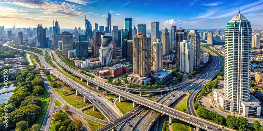 Naklejka premium Aerial view of a bustling city with skyscrapers and highways, urban, cityscape, buildings, skyline, roads