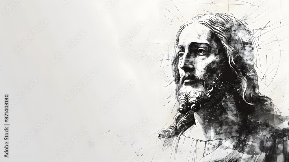 Fototapeta premium Sketch of Jesus Christ on white background with copy space
