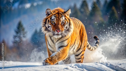 Majestic adult Siberian tiger with vibrant orange and black stripes runs energetically through snow-covered mountainous terrain with focused gaze.