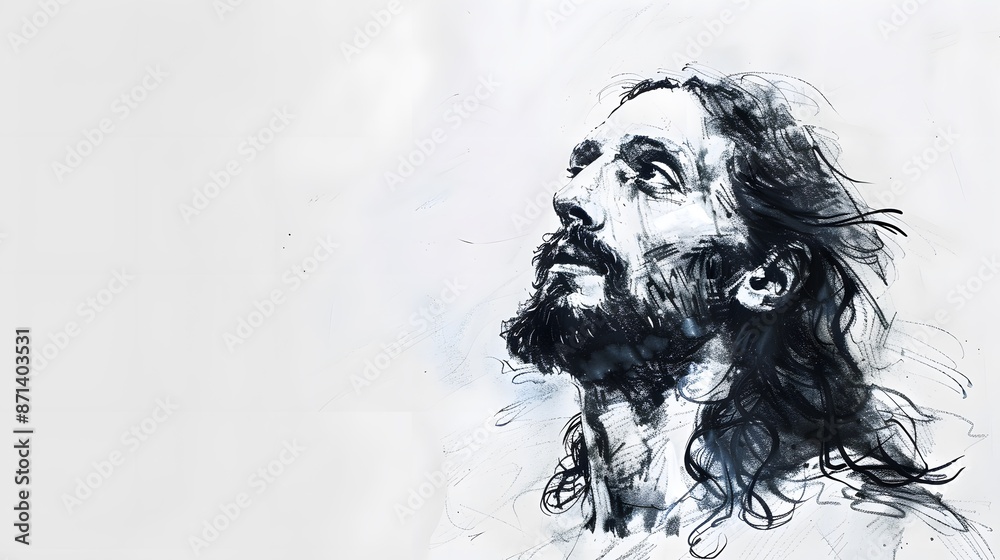 Fototapeta premium Sketch of Jesus Christ on white background with copy space