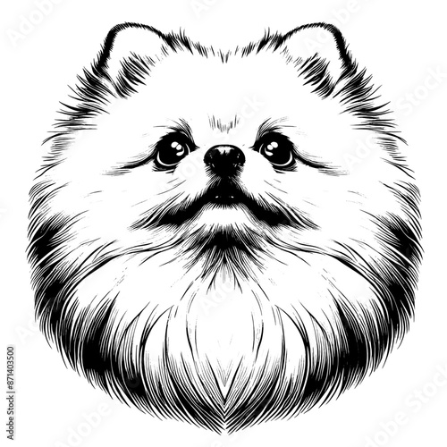 Hand drawn cute Pomeranian portrait, vector sketch isolated on white background.	