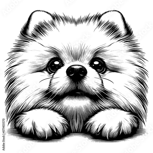 Hand drawn cute peeking Pomeranian, vector sketch isolated on transparent background.	
