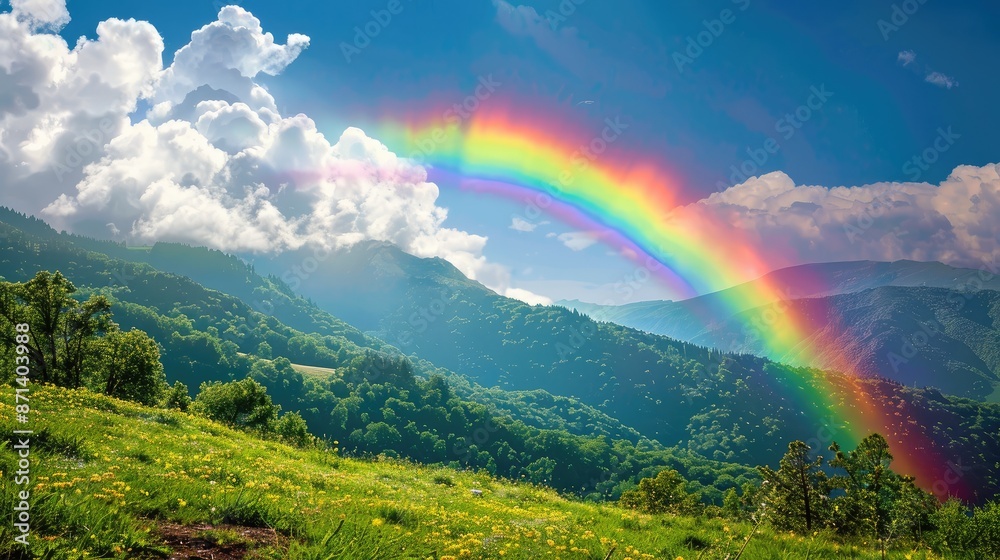 Bright rainbow over springtime countryside Bright rainbow over springtime countryside