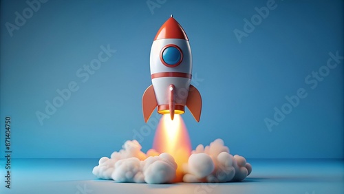 3d cartoon style minimal spaceship rocket icon. Toy rocket upswing ,spewing smoke. Startup, space, business concept photo