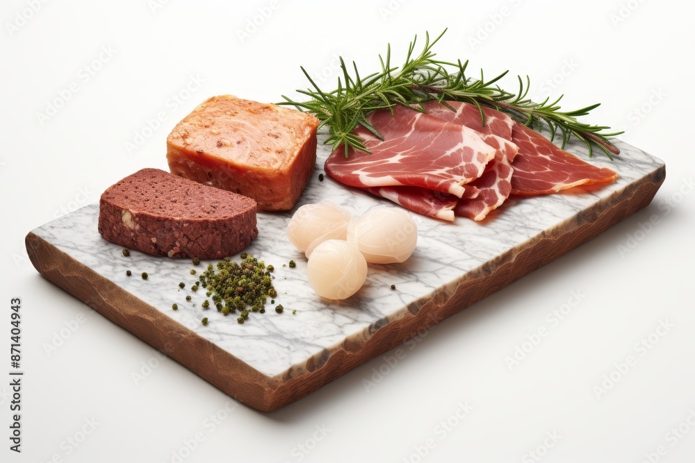 Assortment of deli meats and aromatic herbs on cutting board, isolated on white background Assortment of deli meats and aromatic herbs on cutting board, isolated on white background