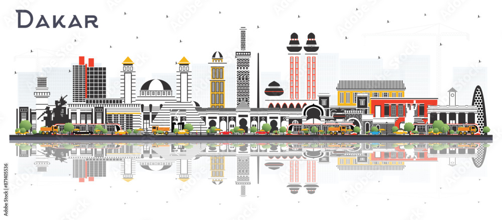 Dakar Senegal City Skyline with Color Buildings and reflections Isolated on White. Business Travel and Concept with Historic Architecture. Dakar Cityscape with Landmarks. Dakar Senegal City Skyline with Color Buildings and reflections Isolated on White. Business Travel and Concept with Historic Architecture. Dakar Cityscape with Landmarks.