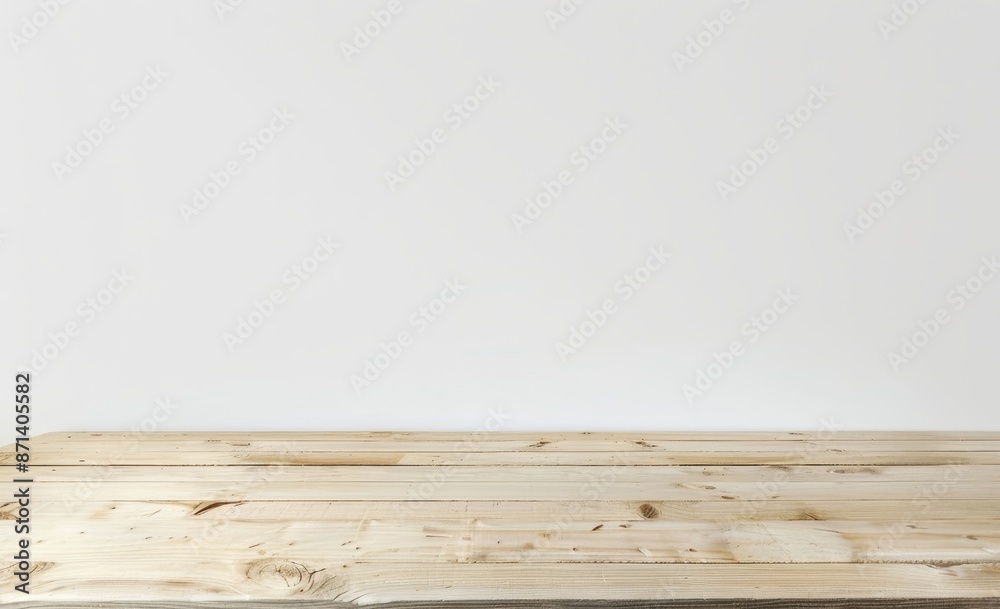 Fototapeta premium Empty wooden white table over white wall background, product display montage. High quality photo