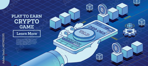 Play to earn. Hand hold mobile phone. Online cryptocurrency game. Earning digital money tokens.