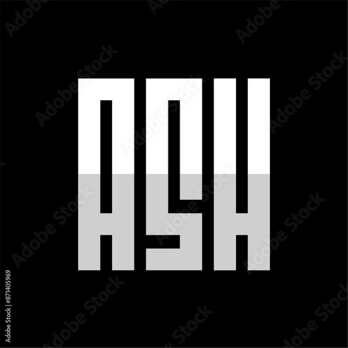 Initial letter ASH logo design, geometric alphabet ASH logo monogram, square shape typography, white on black background