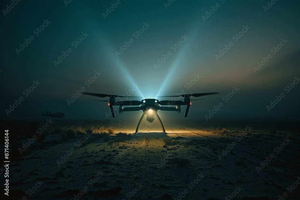 A MALE drone with a spotlight illuminating a target at night, casting harsh shadows across the landscape A MALE drone with a spotlight illuminating a target at night, casting harsh shadows across the landscape