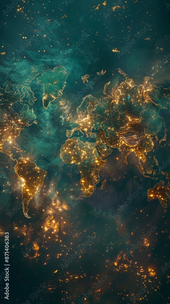 A pixelated world map with chunky continents, glowing nodes representing major data hubs, pulsating beams of light as network traffic