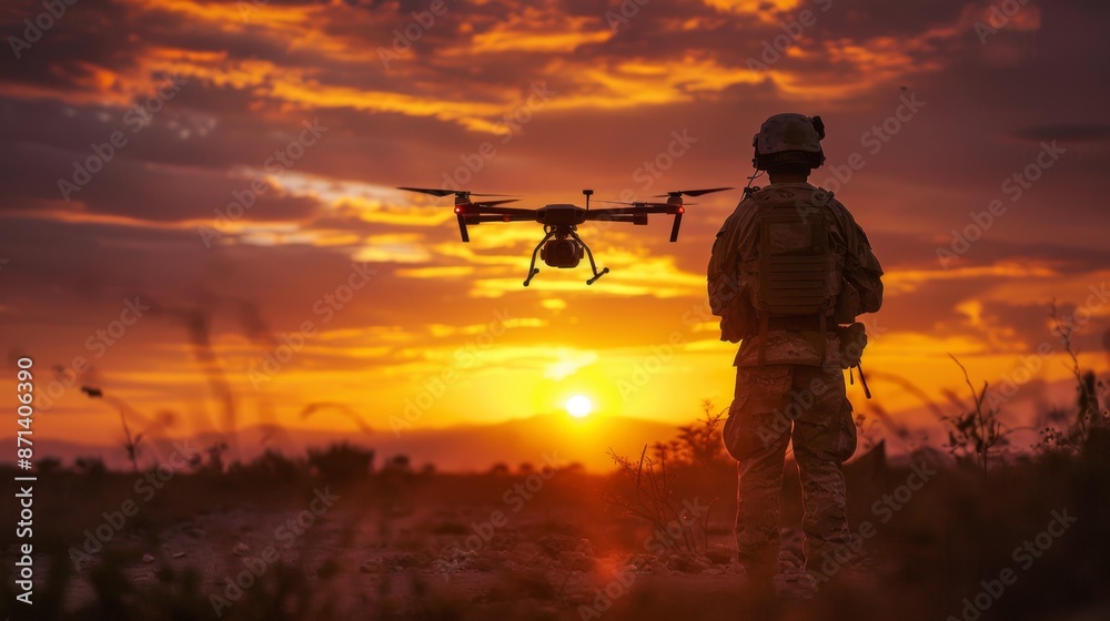 A small tactical drone hovering above a lone soldier silhouetted against a dramatic sunset A small tactical drone hovering above a lone soldier silhouetted against a dramatic sunset