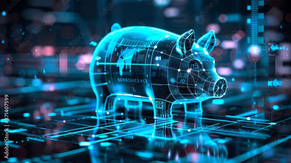 Digital piggy bank concept with futuristic blue neon glow, representing modern financial technology and cyber savings on a tech background. Digital piggy bank concept with futuristic blue neon glow, representing modern financial technology and cyber savings on a tech background.