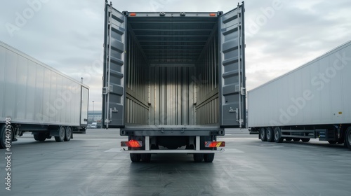 Rear view of a semi-truck with an open trailer door.  photo