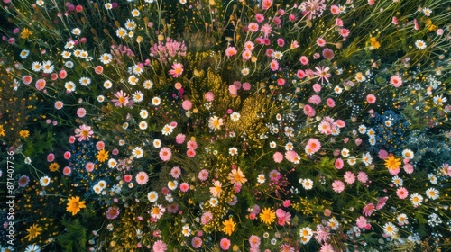 Aerial shot of a vast field of wildflowers in full bloom, patchwork of vibrant colors