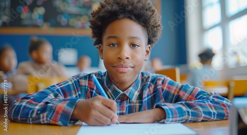 Middle school boy writing in classroom, focused and attentive, young student in a colorful plaid shirt