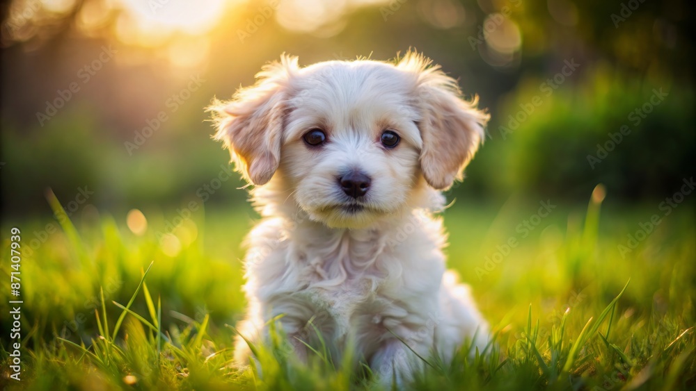 Fluffy white puppy with big brown eyes and adorable floppy ears sitting on a green grassy meadow alone. Fluffy white puppy with big brown eyes and adorable floppy ears sitting on a green grassy meadow alone.