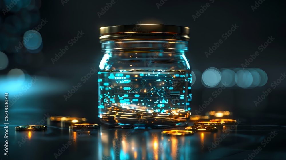 Glowing digital particles captured in a glass jar, surrounded by scattered coins, symbolizing the fusion of digital and traditional currency. Glowing digital particles captured in a glass jar, surrounded by scattered coins, symbolizing the fusion of digital and traditional currency.
