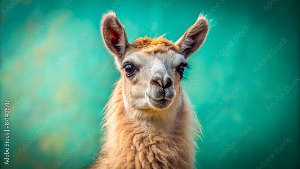 Fototapeta premium Adorable South American camelid with soft, fuzzy coat and inquisitive gaze, posing on verdant ground against vibrant turquoise backdrop.