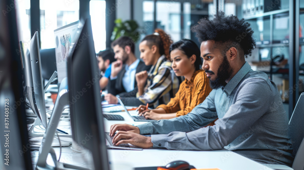 A team of focused professionals works diligently at their computers in a modern office with natural light pouring in. A team of focused professionals works diligently at their computers in a modern office with natural light pouring in.