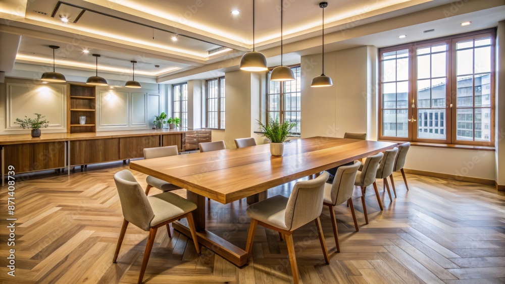 Spacious well-lit empty room featuring a large wooden table surrounded by chairs against a backdrop of neutral colored walls. Spacious well-lit empty room featuring a large wooden table surrounded by chairs against a backdrop of neutral colored walls.