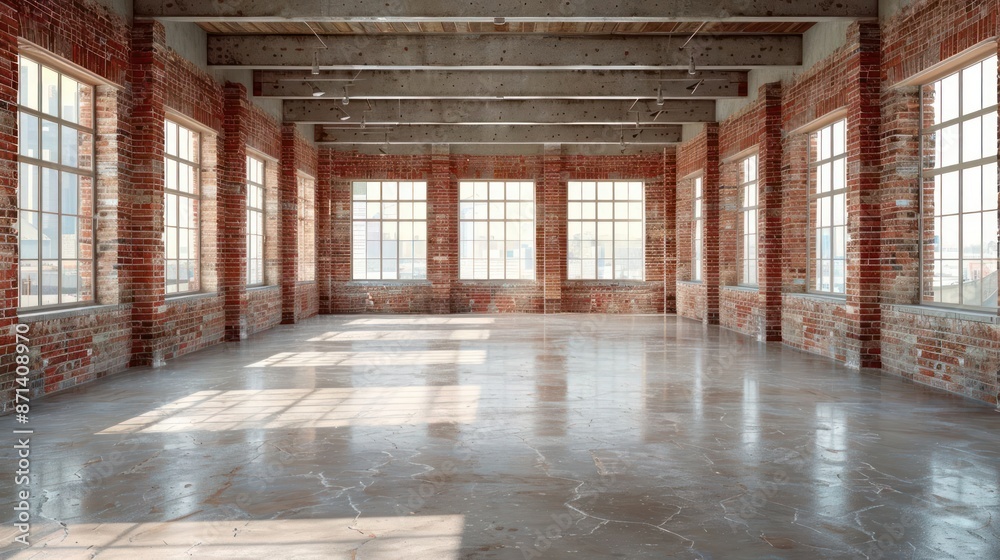 A large, empty room with a brick ceiling and windows A large, empty room with a brick ceiling and windows