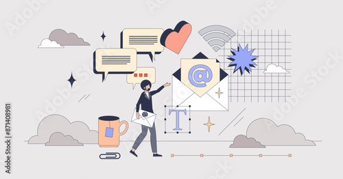 Conversational email marketing with ads tiny person neubrutalism concept. Customer advertisement approach for authentic relationship that engages clients with personal messages vector illustration.
