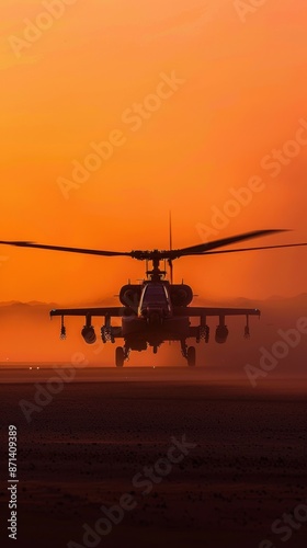 An Attack Helicopters AH-64 Apache casts a long shadow across a vast desert landscape at dusk, its silhouette a stark contrast against the fiery orange sky