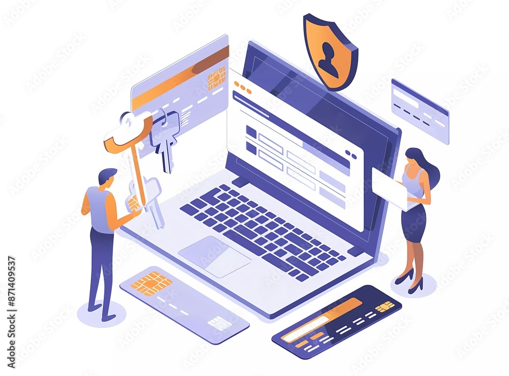 A flat vector illustration of two people holding keys, standing next to an open laptop displaying a website interface and security shield icon above them A flat vector illustration of two people holding keys, standing next to an open laptop displaying a website interface and security shield icon above them