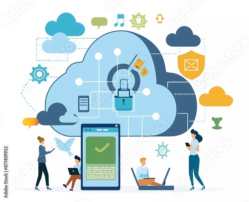 Flat design vector illustration of people working on clouds with security lock and data transfer icons, in the style of a software developer concept for a web banner, website graphic or presentation