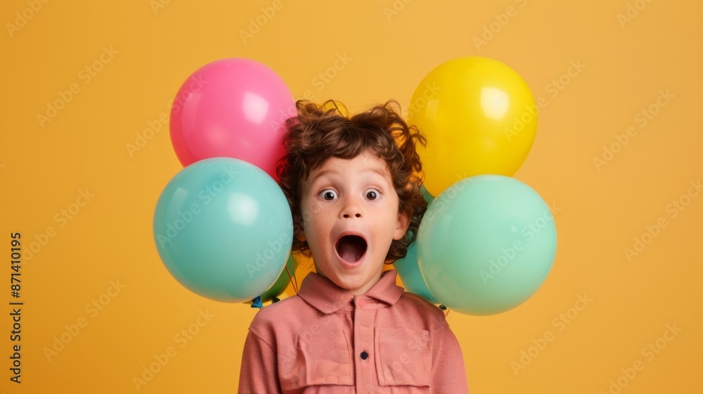 Obraz premium Children are excited surrounded by colorful transparent balls and yellow background. 