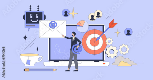 Automated email marketing solution tools tiny person neubrutalism concept. Effective and targeted mail sending automation to reach customers with promotions and commercials vector illustration.