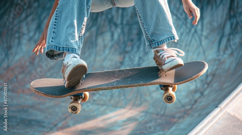 Boy in ripped jeans and white sneakers is captured mid-air while performing a skateboard trick at the skatepark, highlights the dedication and skill involved in skateboarding.