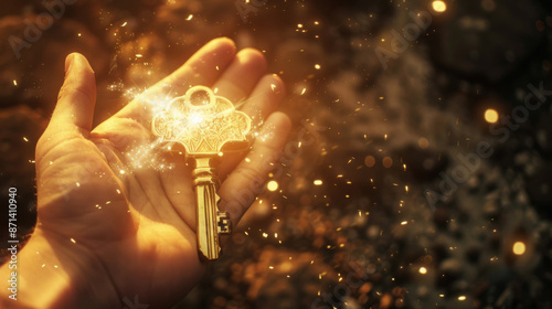 A hand holds a golden key shining with magical sparkles, representing hope, opportunity, and unlocking dreams in an enchanting moment.