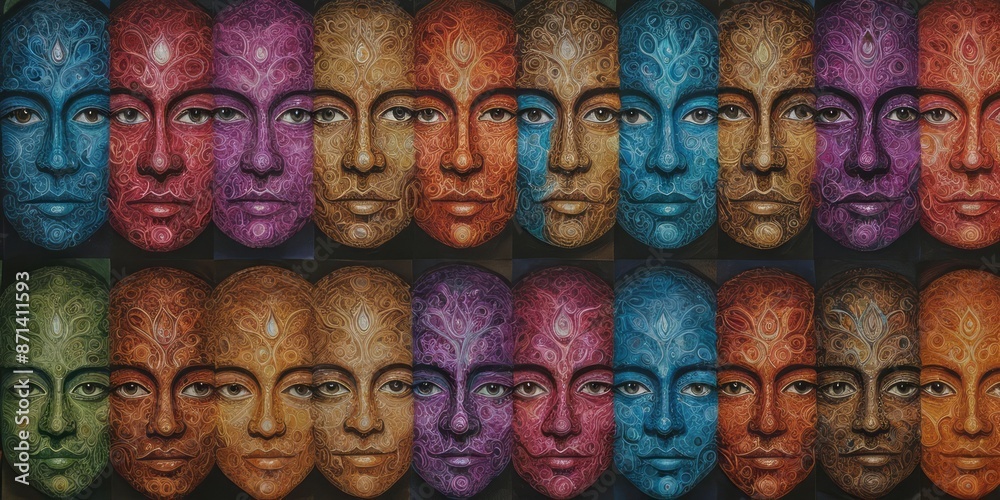 A row of 20 faces painted on a dark surface. Each face has an intricate design and is painted in a vibrant color A row of 20 faces painted on a dark surface. Each face has an intricate design and is painted in a vibrant color