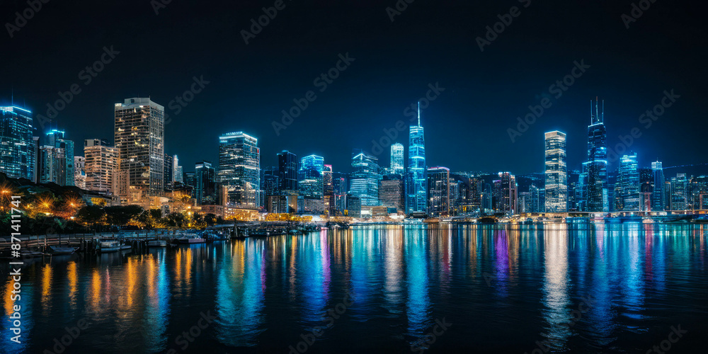 A vibrant city skyline with numerous skyscrapers glowing with light at night, reflecting off the calm water below A vibrant city skyline with numerous skyscrapers glowing with light at night, reflecting off the calm water below