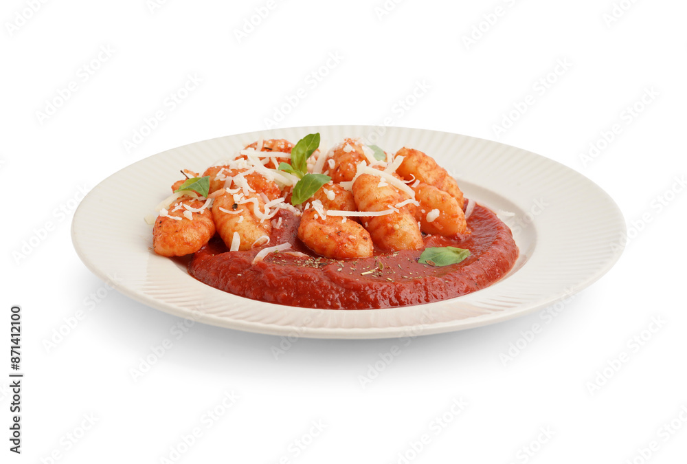 Plate of tasty gnocchi with tomato sauce and cheese on white background Plate of tasty gnocchi with tomato sauce and cheese on white background