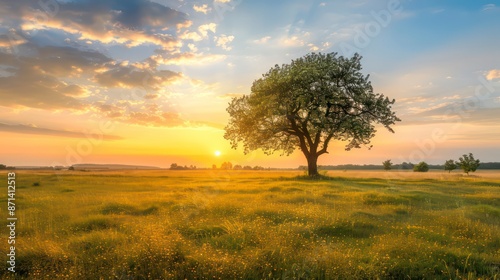 beautiful single tree on a golden prairie landscape