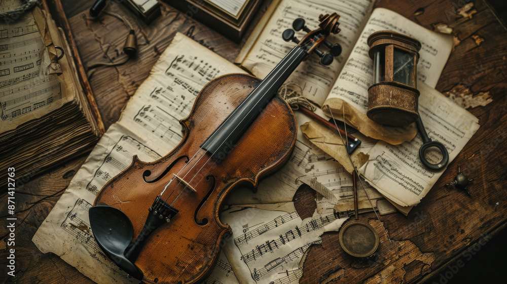 Naklejka premium An antique violin placed on a wooden table surrounded by aged sheet music and vintage artifacts, evoking a sense of history and nostalgia.