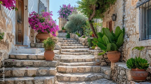 Fototapeta Naklejka Na Ścianę i Meble -  A narrow street with a stone wall and a row of potted plants