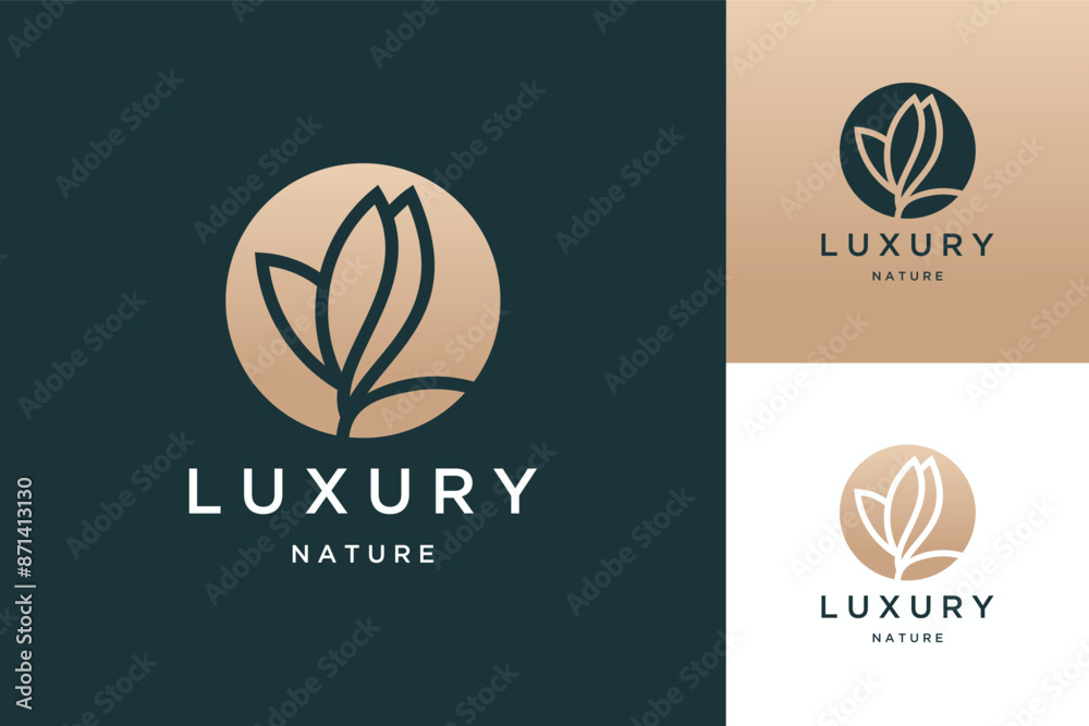 Minimalist plants and flowers, leaf natural ecology with circle silhouette vector logo design Minimalist plants and flowers, leaf natural ecology with circle silhouette vector logo design
