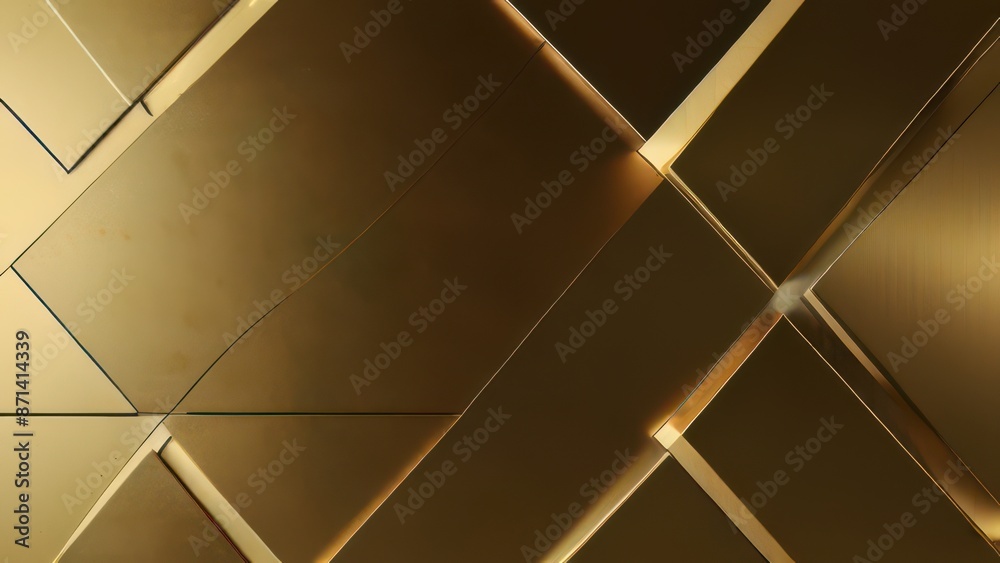 Obraz premium Luxurious gold metallic abstract background with sleek geometric shapes and reflective surfaces. Elegant design for high-end branding, tech, or luxury product imagery.