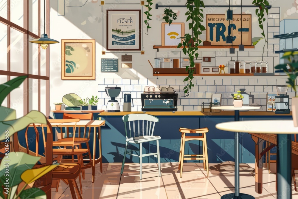 Obraz premium a charming coffee shop with mix-and-match furniture and the hum of coffee machines, where customers relax with their favorite brews, Generative AI