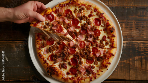 Meat lover pizza top view topped on the cozy wood table. A hand picked up a pizza from the plate.
 photo