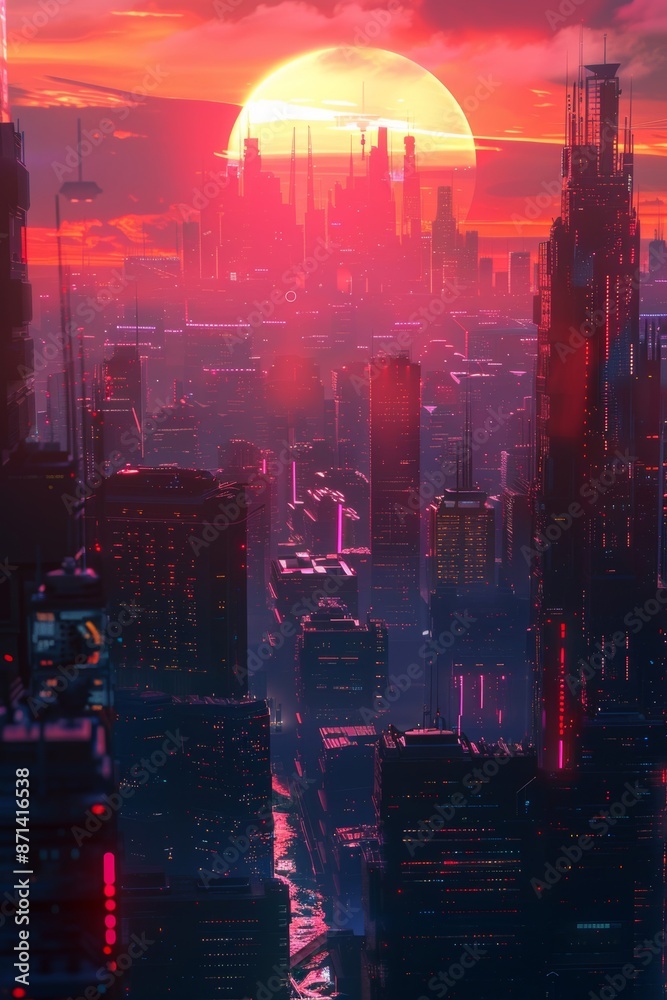 Fototapeta premium A futuristic city bathed in the warm tones of a sunset.